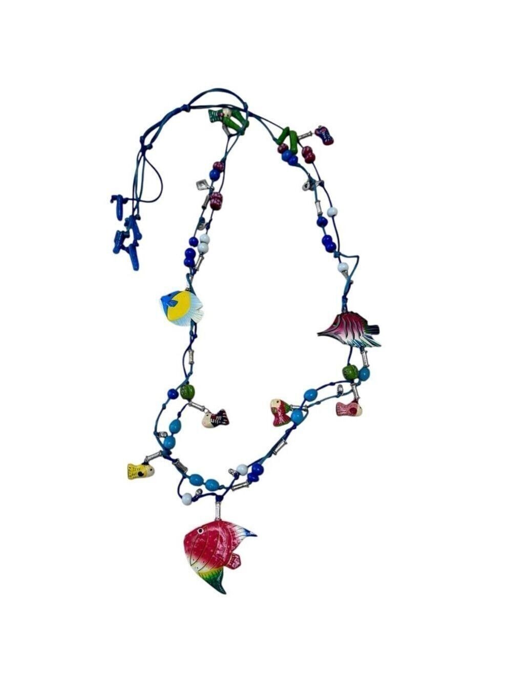 Vintage Wooden Beads Necklace Tropical Fish Colorful 22"